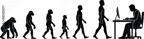 Black silhouette vector illustration showing the theory of human evolution from ape to modern working man using a computer, representing progress, technology, and work.