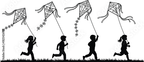 Black silhouette vector of four happy children running on grass field flying patterned kites, boys and girls playing together outdoors, isolated on white background.