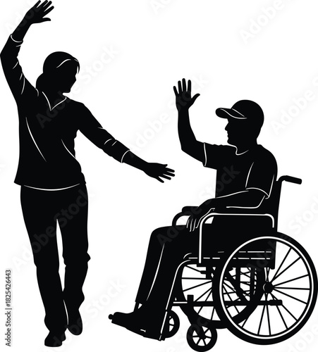 Black silhouette vector of happy disabled man in wheelchair high fiving standing woman, symbolizing success, support, friendship, diversity, and accessibility isolated on white background.