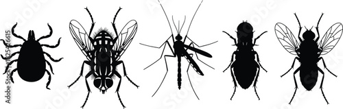 Black silhouette vector set of common parasitic and nuisance insects including tick, fly, and mosquito, representing pests, disease vectors, and entomology on white background.