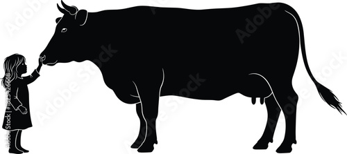 Black vector silhouette of little girl reaching out to touch large cow, child and farm animal friendship, isolated on white background