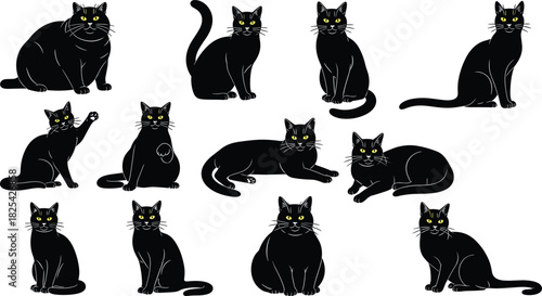 Collection of black cats in various poses and sizes, featuring striking yellow eyes, perfect vector set for Halloween, pet shop branding, and feline designs.
