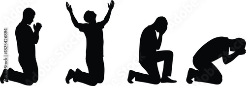 Collection of black silhouettes showing a man kneeling in prayer, worshiping with arms raised, and bowing in deep despair, isolated vector illustration