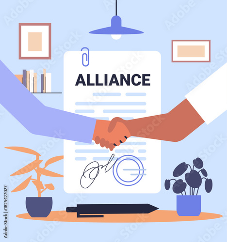 Alliance partnership handshake business agreement contract document signed office plants pen modern workspace