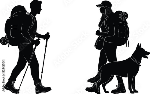 Couple hiking silhouette with dog, man using trekking poles, woman wearing a hat, travelers with large backpacks, outdoor adventure vector illustration, isolated on white.