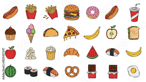 Playful Colorful Doodle Food Icons – Cartoon Burger Fries Pizza Drink Sketch Set