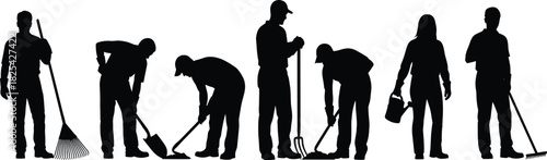 Group of Gardeners and Workers Silhouettes Engaged in Various Yard Work Tasks, Including Raking, Digging, Hoeing, and Watering Vector Illustration