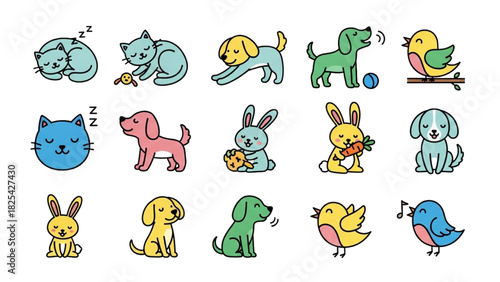 Playful Cute Animal Doodle Set – Colorful Cat Dog Bunny Bird Line Art Icons