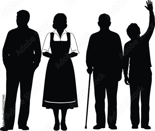 Generational Family Portrait Silhouette: Man, Woman in Dirndl, Elderly Man with Cane, and Child Waving, Representing Multigenerational Heritage Vector Illustration
