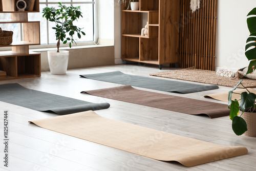 Yoga mats on floor in studi...