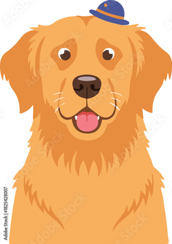 A cute flat vector illustration of a happy Golden Retriever dog's head wearing a tiny blue hat, featuring a friendly smile with its tongue out,