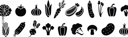 Vegetable silhouette vector, black icons set, healthy food illustration, organic produce shapes, kitchen design elements, nutrition concept, garden harvest symbols