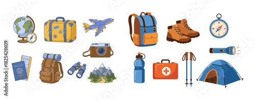 Collection of travel, tourism, and camping essentials with hiking gear vector illustration set, perfect for adventure and outdoor activities
