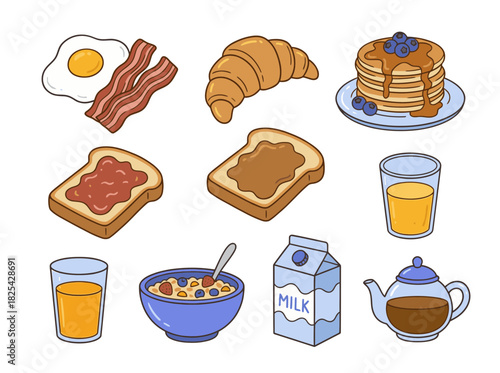 Collection of various common breakfast foods and morning drinks vector illustration set, including eggs, bacon, pancakes, toast, and juice