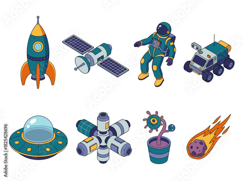 Set of isometric space exploration and science fiction objects including astronaut, rocket, and satellite vector illustration collection