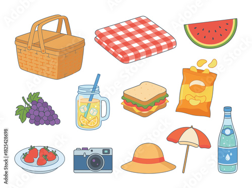 Collection of summer picnic food and outdoor objects with basket, blanket, and refreshments vector illustration set for leisure activities
