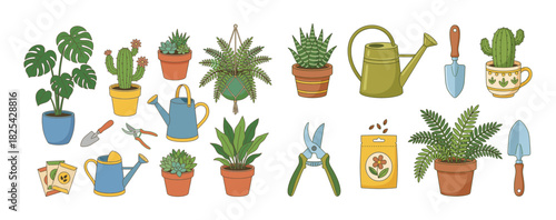 Large collection of gardening tools, supplies, and potted house plants vector illustration set for horticulture and home hobby