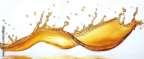 Panel kuchenny z motywem two golden liquid waves colliding with flying droplets and subtle reflection on a white background, dynamic and elegant