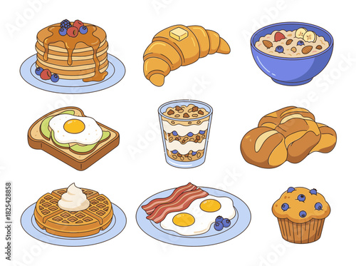 Large set of delicious sweet and savory breakfast foods vector illustration collection, featuring pancakes, eggs, bacon, croissant, and waffles