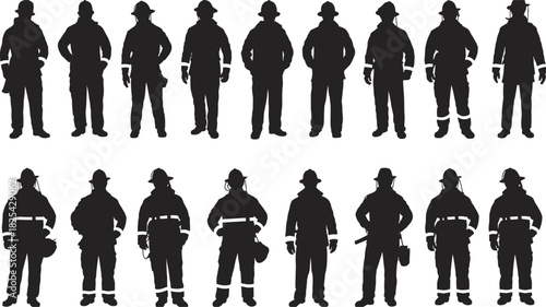 Firefighter silhouettes in uniform, emergency response team, protective gear, heroic crew, fire safety personnel, standing formation, rescue workers, vector illustration for stock