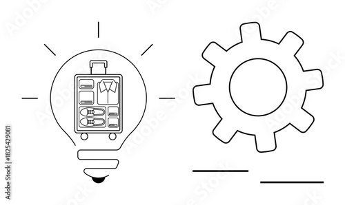 Lightbulb containing organized suitcase and large gear wheel. Ideal for innovation, travel, efficiency, productivity, creativity, design, and organization. Clean simple flat metaphor
