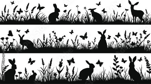 Rabbit silhouettes in grassy field, nature wildlife scene, hopping bunnies, butterflies and plants, black and white vector, spring meadow illustration