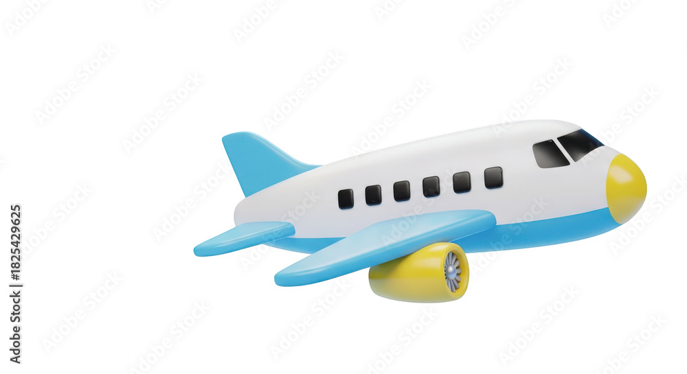 Obraz premium White and blue airplane with yellow nose and engine isolated on a transparent background aircraft