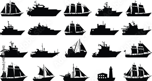 Ship and boat silhouette icons, sailboat, yacht, cargo ship, fishing boat, lighthouse, maritime transport, sea travel, ocean vessel, vector set