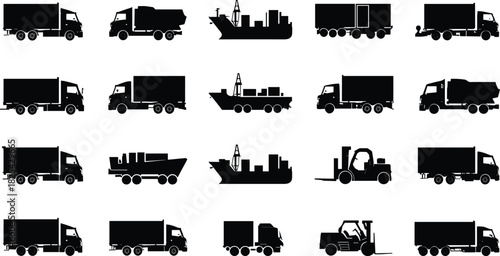 Vehicle silhouette icons, trucks, forklifts, ships, cargo transport, industrial vehicles, logistics, shipping, heavy equipment, black vector set, transportation design