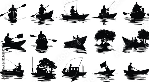 Boating and fishing silhouette icons, outdoor activity, canoe, kayak, fishing rod, nature scene, water reflection, adventure, recreation, vector set, leisure