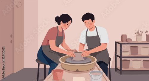 Pixel Art Man and Woman Pottery Class Indoors