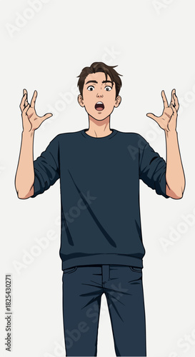 Pixel Art Man Expressing Shock and Amazement Wearing Dark Blue Shirt and Jeans