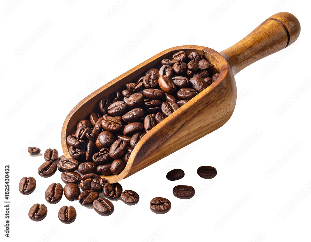 Fototapeta premium Dark Roasted Coffee Beans in Wooden Scoop