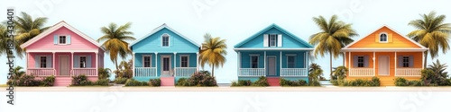 Row of colorful pastel beach cottages with palm trees, porches, steps and manicured shrubs conveying a cheerful tropical summer mood