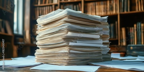 tall messy stack of yellowed papers and envelopes on a wooden table in a dim library with bookshelves, evoking overwhelm and focused research