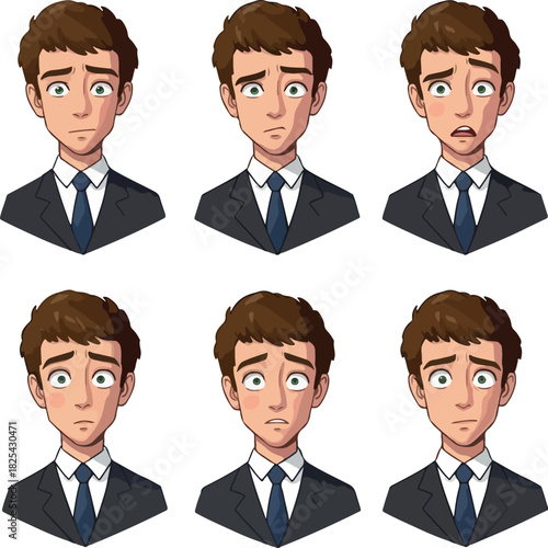 Pixel Art Man Portrait Set Various Emotional Expressions Business Suit Dark Blue Tie