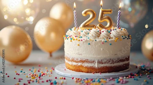 Festive white frosted layer cake with lit gold number twenty-five candles, striped birthday candles, colorful sprinkles and gold balloons conveying joyful celebration