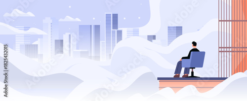 Businessman office window cityscape modern skyline man sitting on chair looking at urban buildings clouds abstract background workspace banner