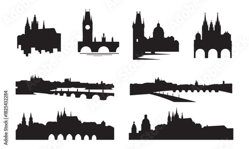 Prague Skyline Silhouettes Vector, Famous Landmarks Clip art Illustration.