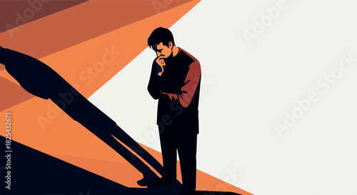 Pixel Art Man Thinking Silhouette Against Warm Geometric Background Abstract Light