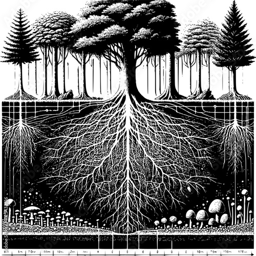 Mycorrhizal network showing fungal communication between forest trees and underground nutrient sharing for woodland ecosystem biology
