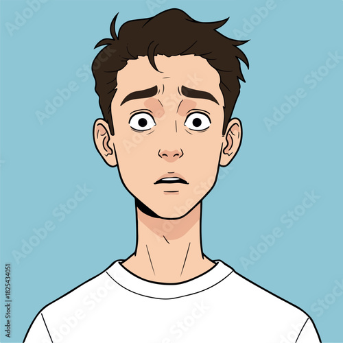 Pixel Art Portrait Young Man Surprised Expression White T Shirt Light Blue Background