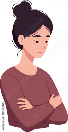 Pixel Art Sad Woman Arms Crossed Dark Mauve Sweater Isolated