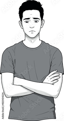 Pixel Art Sad Young Man Arms Crossed Gray T Shirt White Background