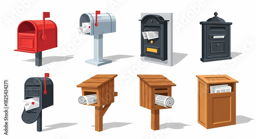 Various mailboxes, different designs and colors, isolated on white background