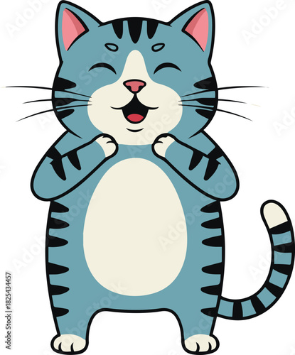 A cute flat vector illustration of a happy blue tabby cat standing on its hind legs with a cheerful expression, 