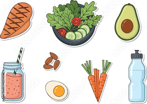 Healthy food set with grilled chicken, salad, avocado, smoothie, nuts, egg, carrots, and water bottle