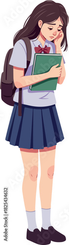 Pixel Art Student Girl Holding Book Looking Sad Wearing School Uniform