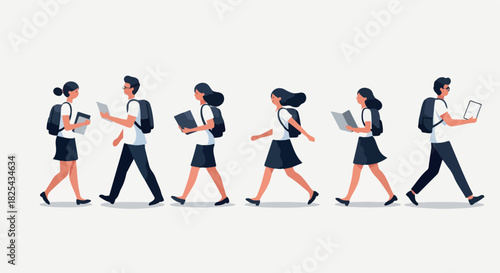 Pixel Art Students Walking with Books and Tablets in White Background