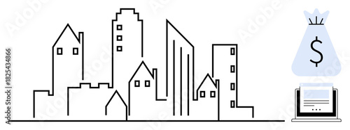 Minimalist urban skyline alongside moneybag and laptop illustrating financial growth, digital payments, online economy, e-commerce trends, budgeting, real estate, and investment concepts. Ideal